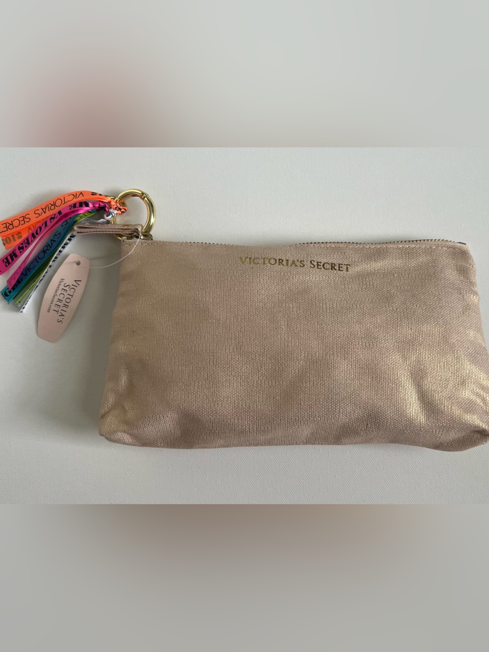 Victoria's Secret Metallic Rose Gold Cosmetic Pouch with Rainbow Ribbon 2012